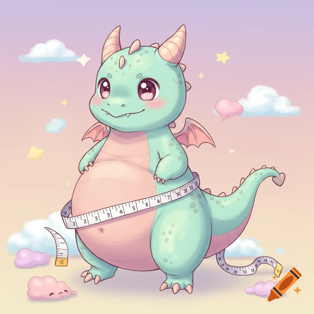 A cute, light green chibi dragon with a large pink belly, smiling with big eyes, and a measuring tape wrapped around its waist. The background is a soft pastel sky with clouds and stars.