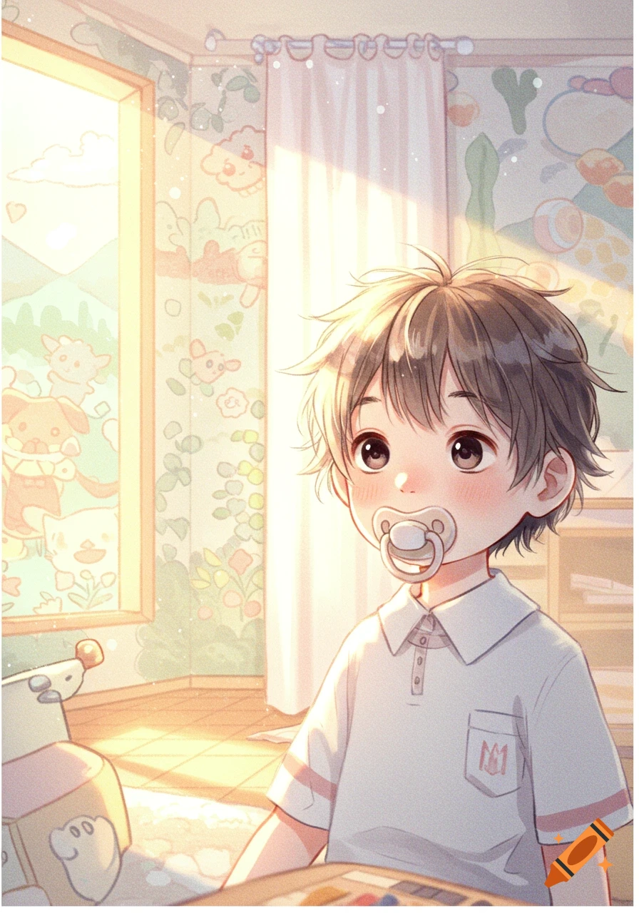Anime-style illustration of a young child with a pacifier in a brightly lit room.