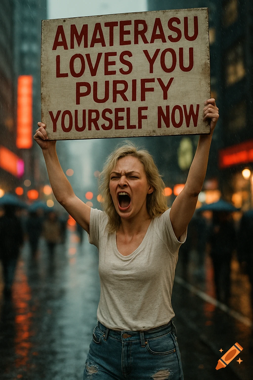 A screaming blonde woman holds a sign in the rain that reads 'AMATERASU LOVES YOU PURIFY YOURSELF NOW', on a city street.