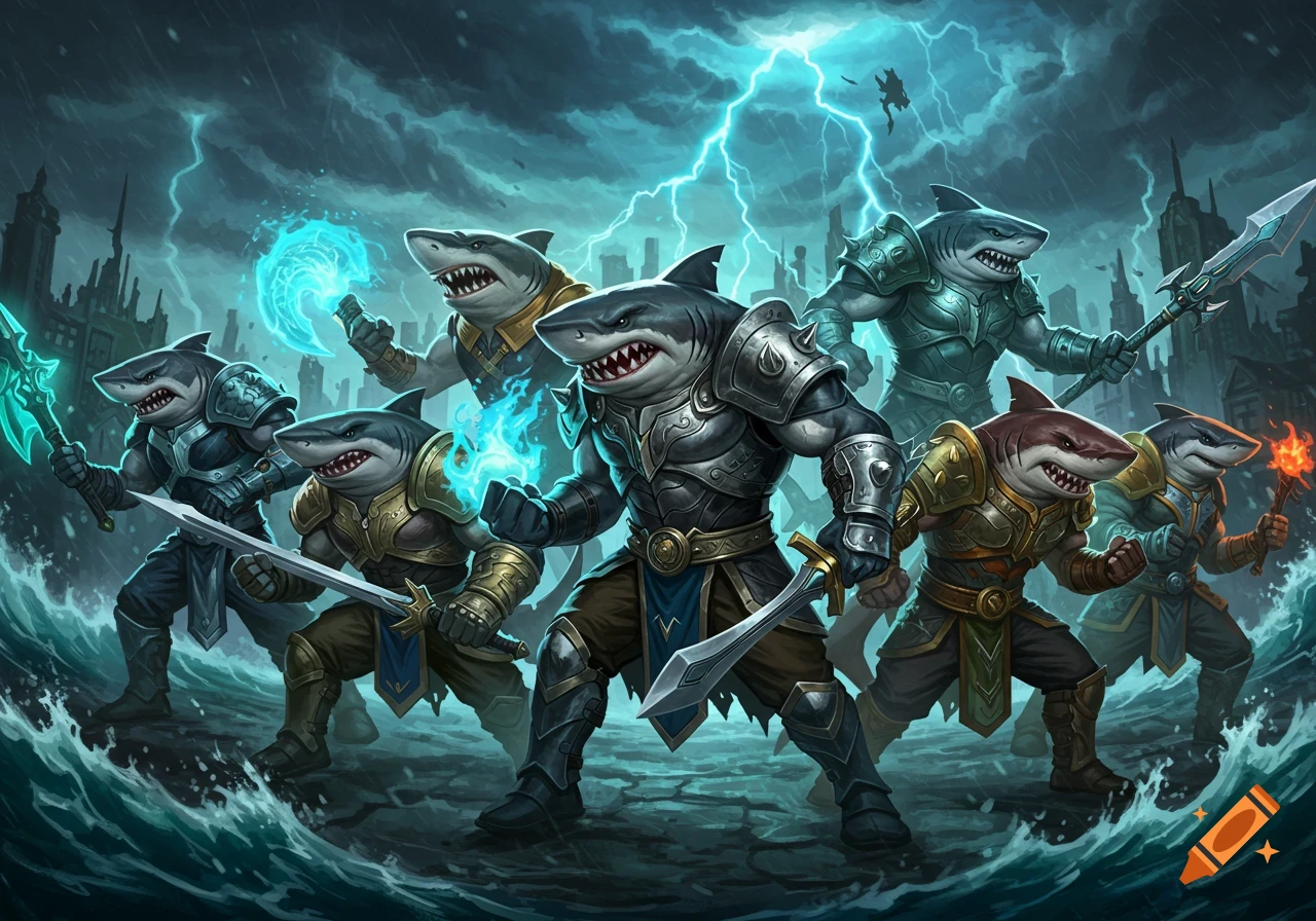 Anthropomorphic shark warriors in armor with weapons stand in a stormy fantasy landscape with lightning and crashing waves.