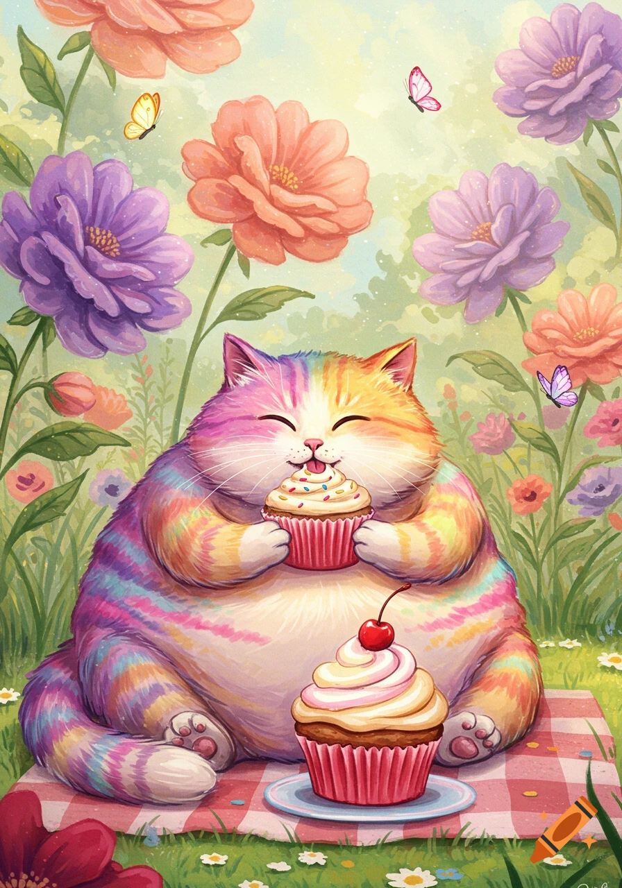A plump rainbow-colored cat happily eats a cupcake while sitting on a picnic blanket in a field of colorful flowers with butterflies.