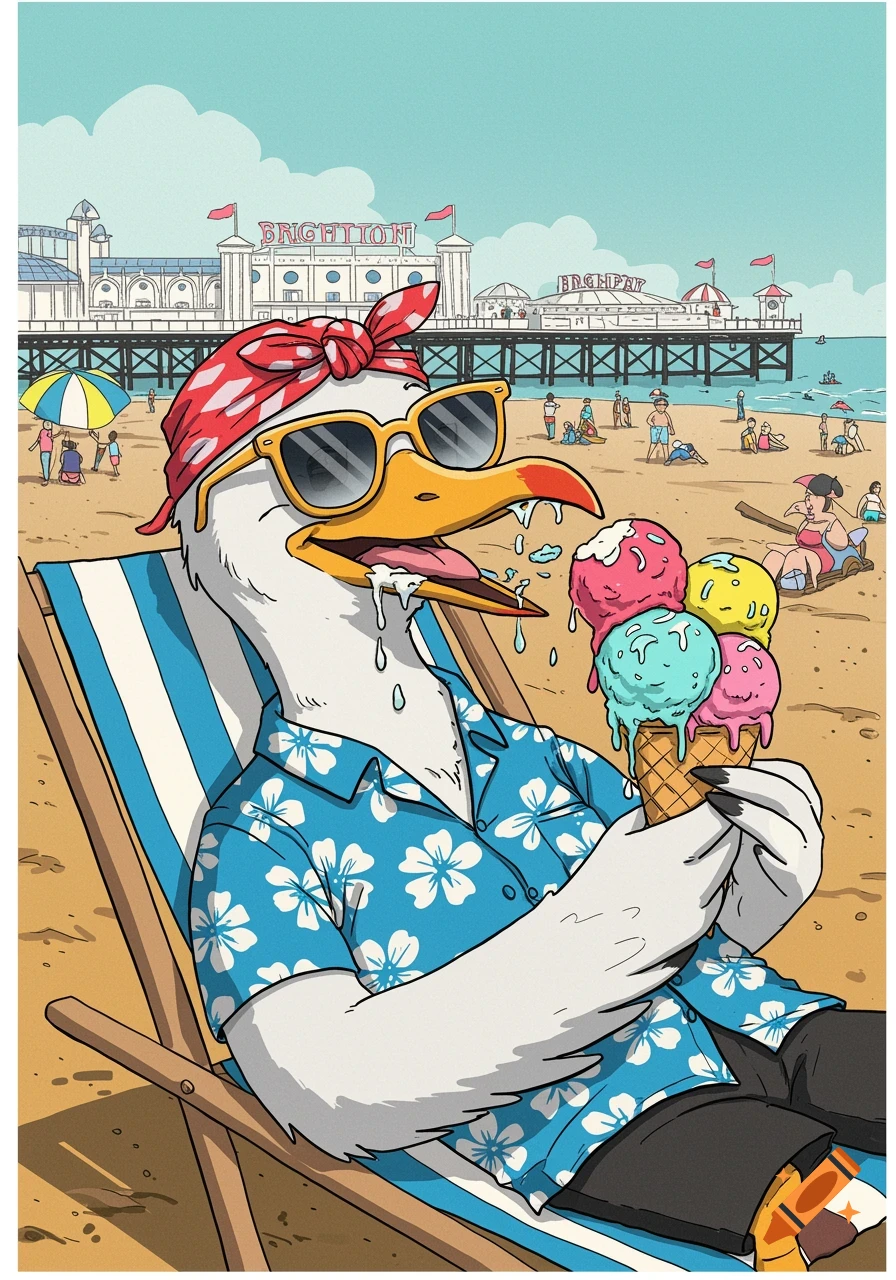 Cartoon seagull in sunglasses and Hawaiian shirt on Brighton beach, eating a melting ice cream, with the pier in the background, in a postcard art style.