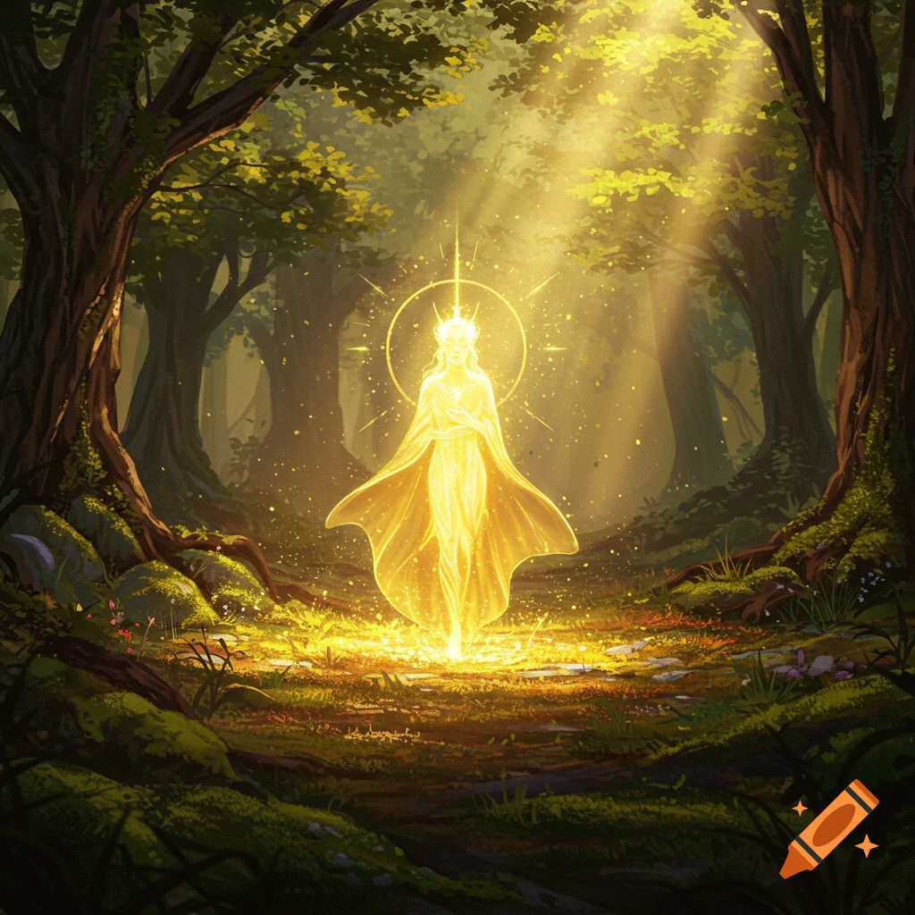 A radiant, ethereal figure glows brightly in a sun-dappled magical forest, surrounded by light particles.