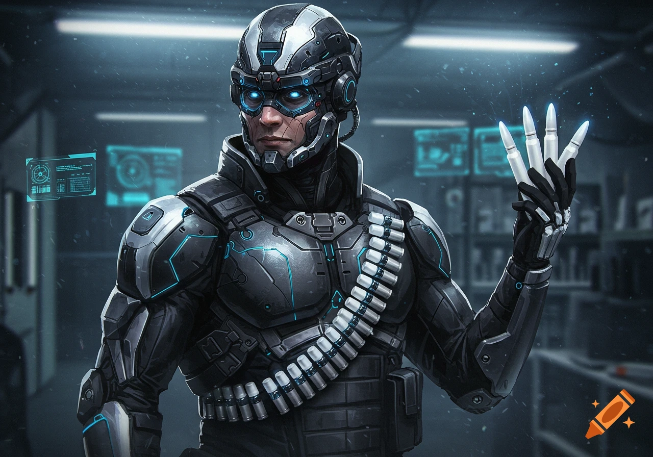 A cybernetic special forces soldier in dark armor with glowing blue accents holds white bullets, in a futuristic setting.