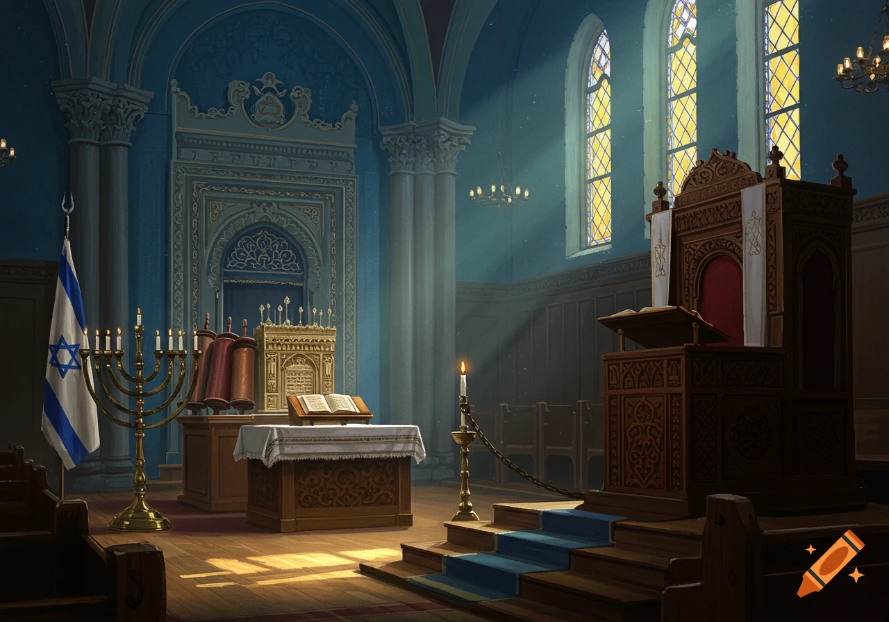 A detailed view inside a synagogue with sunlight streaming through stained glass windows, showing a menorah, Israeli flag, Torah ark, and bimah.