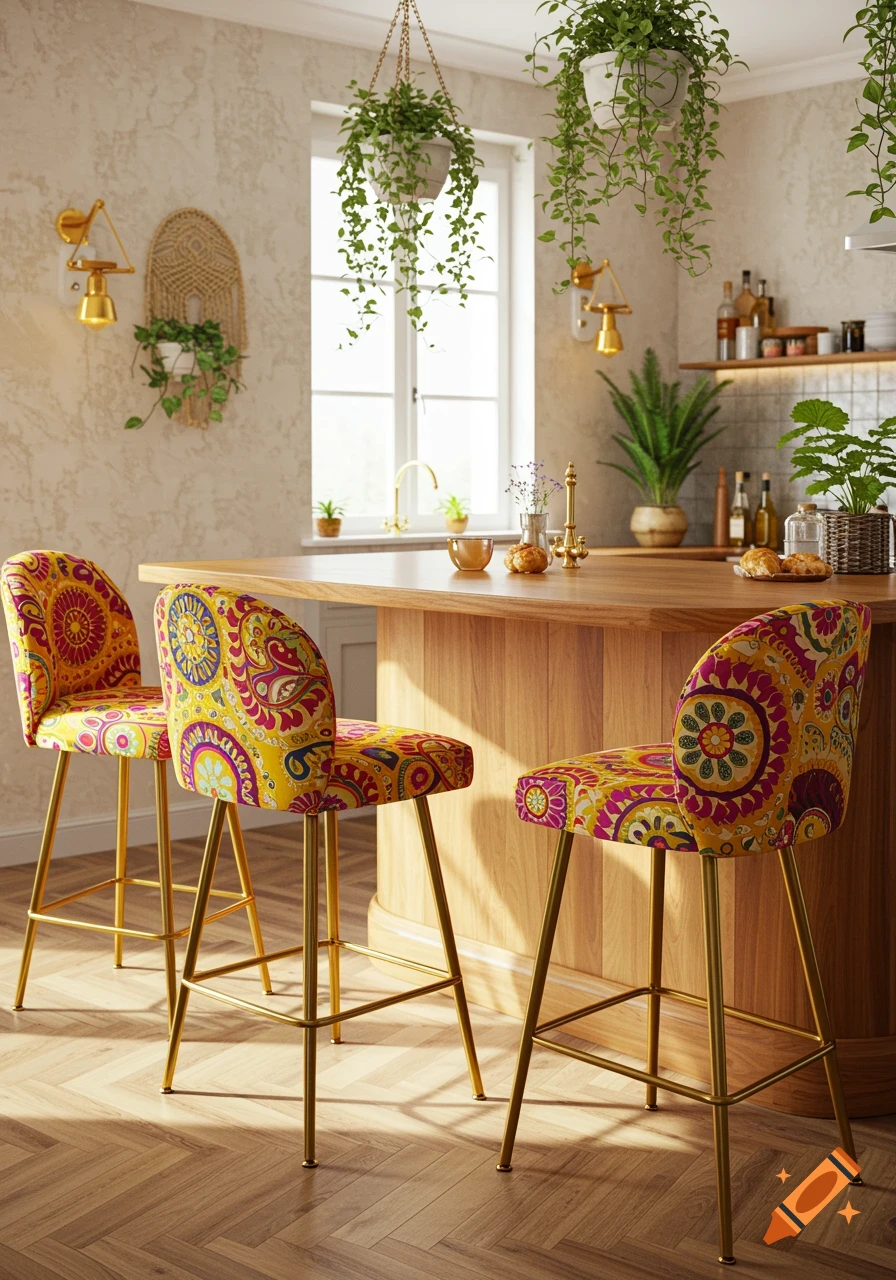 Photorealistic boho kitchen with a wooden island, gold fittings, and three yellow and fuchsia suzani patterned bar stools under hanging plants.
