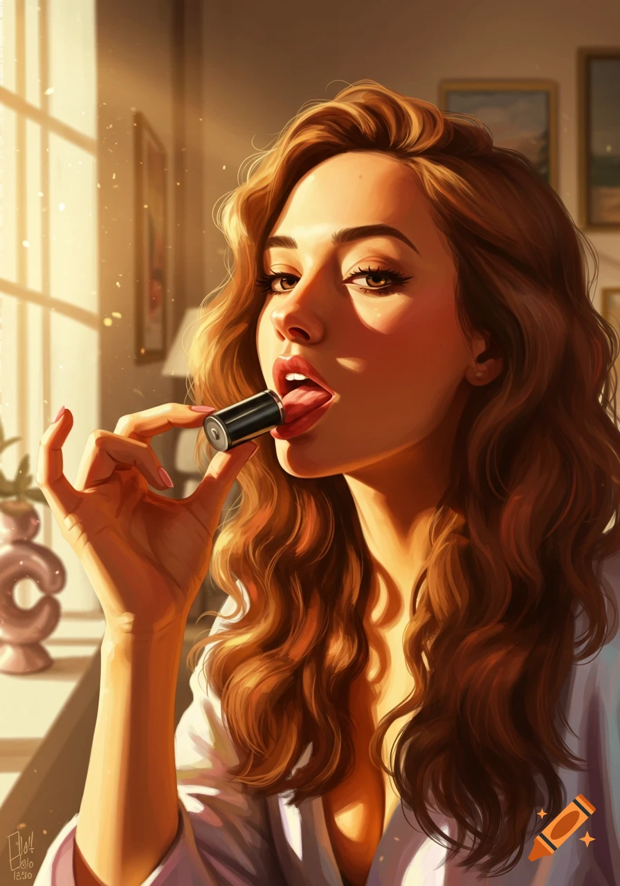 A stylized digital painting of a woman with long wavy hair, illuminated by golden light, touching a black cylindrical object with her tongue.