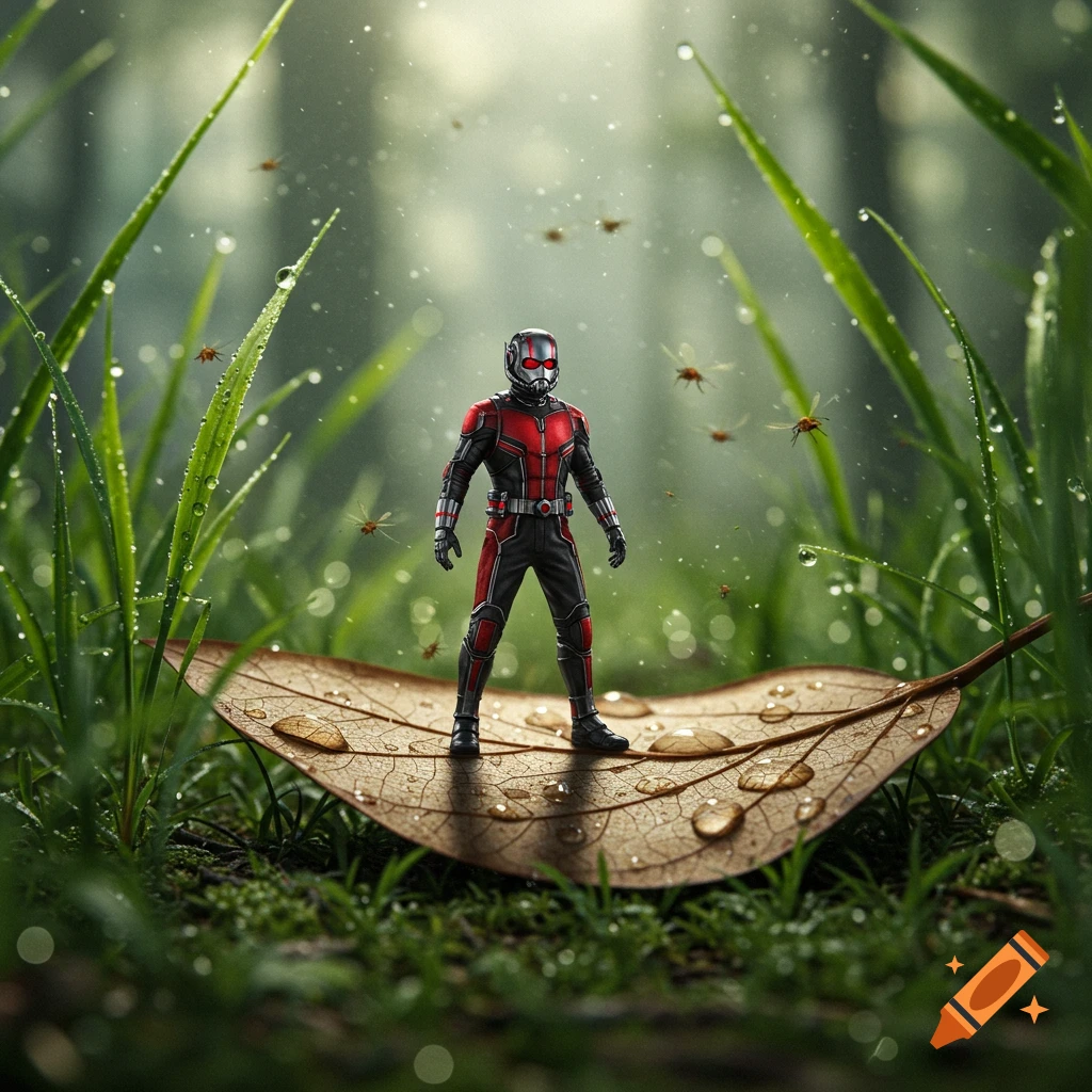 Photorealistic image of Ant-Man standing on a wet leaf with water droplets, surrounded by tall grass and small flying insects in a misty forest.