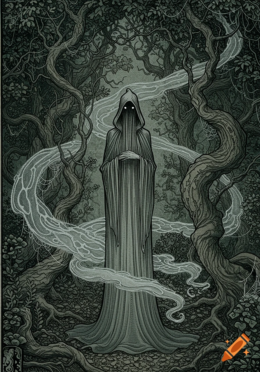 A robed figure with glowing eyes stands in a dark, gnarled forest with wispy mist, in the style of Arthur Rackham.