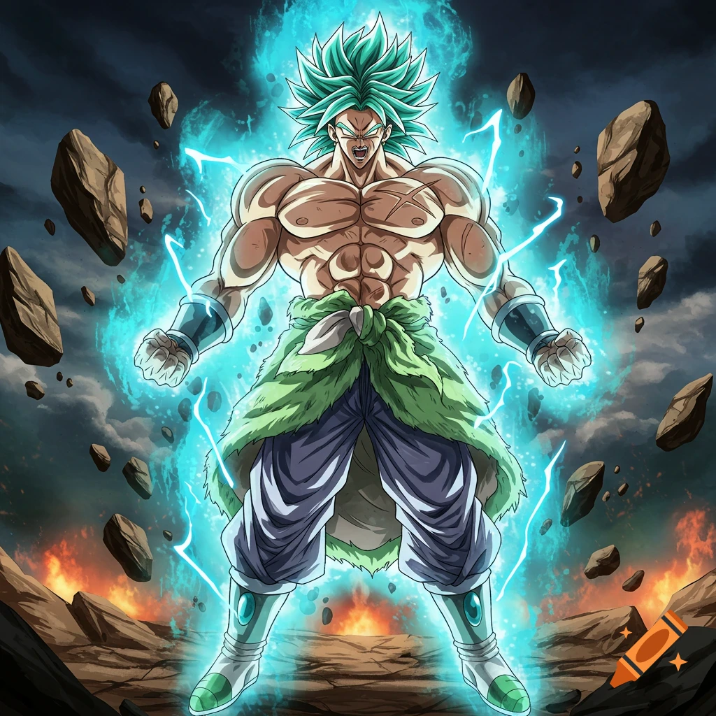 Broly, a muscular anime character with green hair, glows with a blue energy aura, surrounded by floating rocks and fire in an action pose.