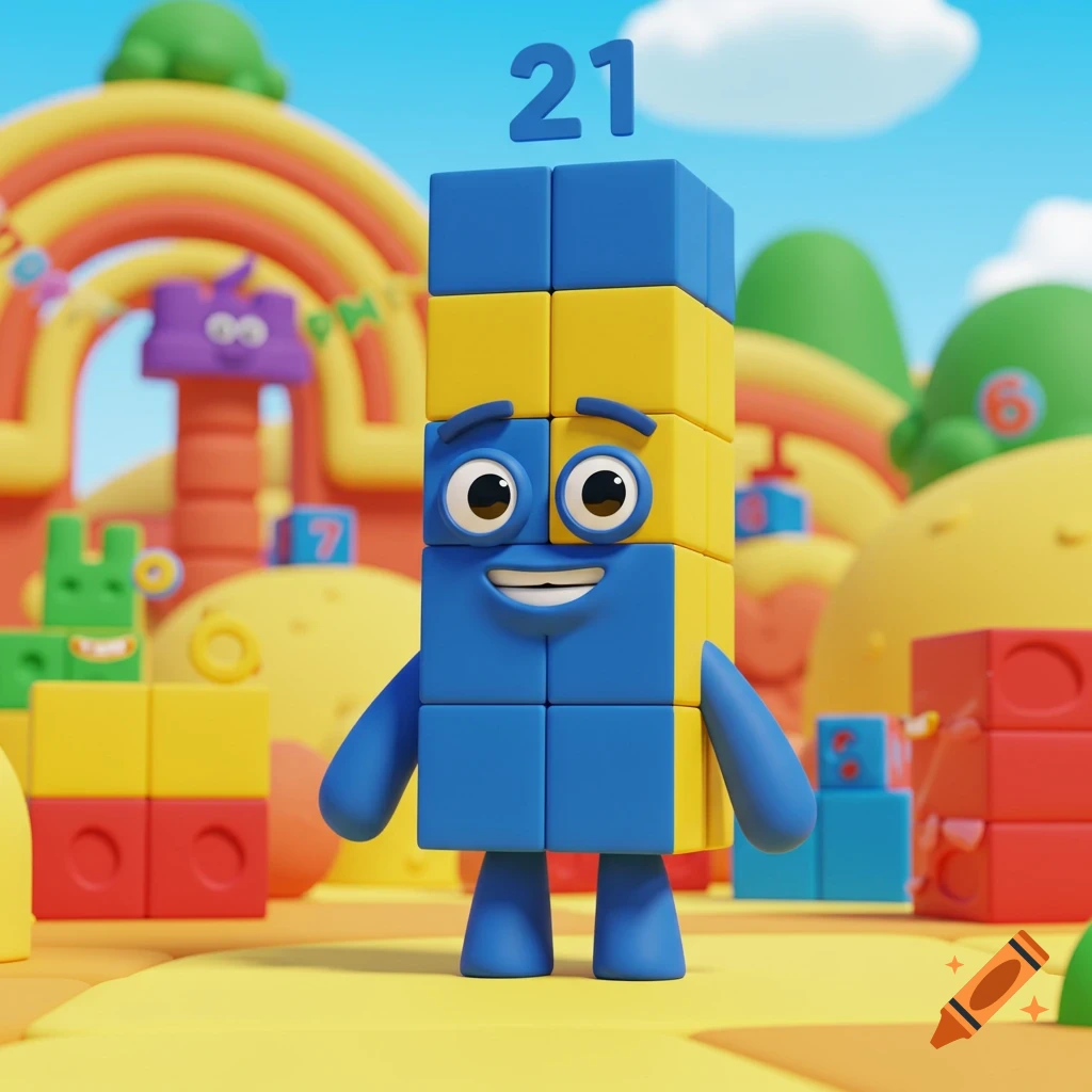 A smiling blue and yellow block character with the number 21 above its head stands in a colorful cartoon landscape.