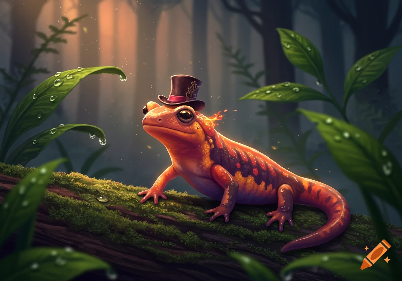 A whimsical digital illustration of a colorful salamander wearing a top hat, sitting on a mossy log in a magical forest.