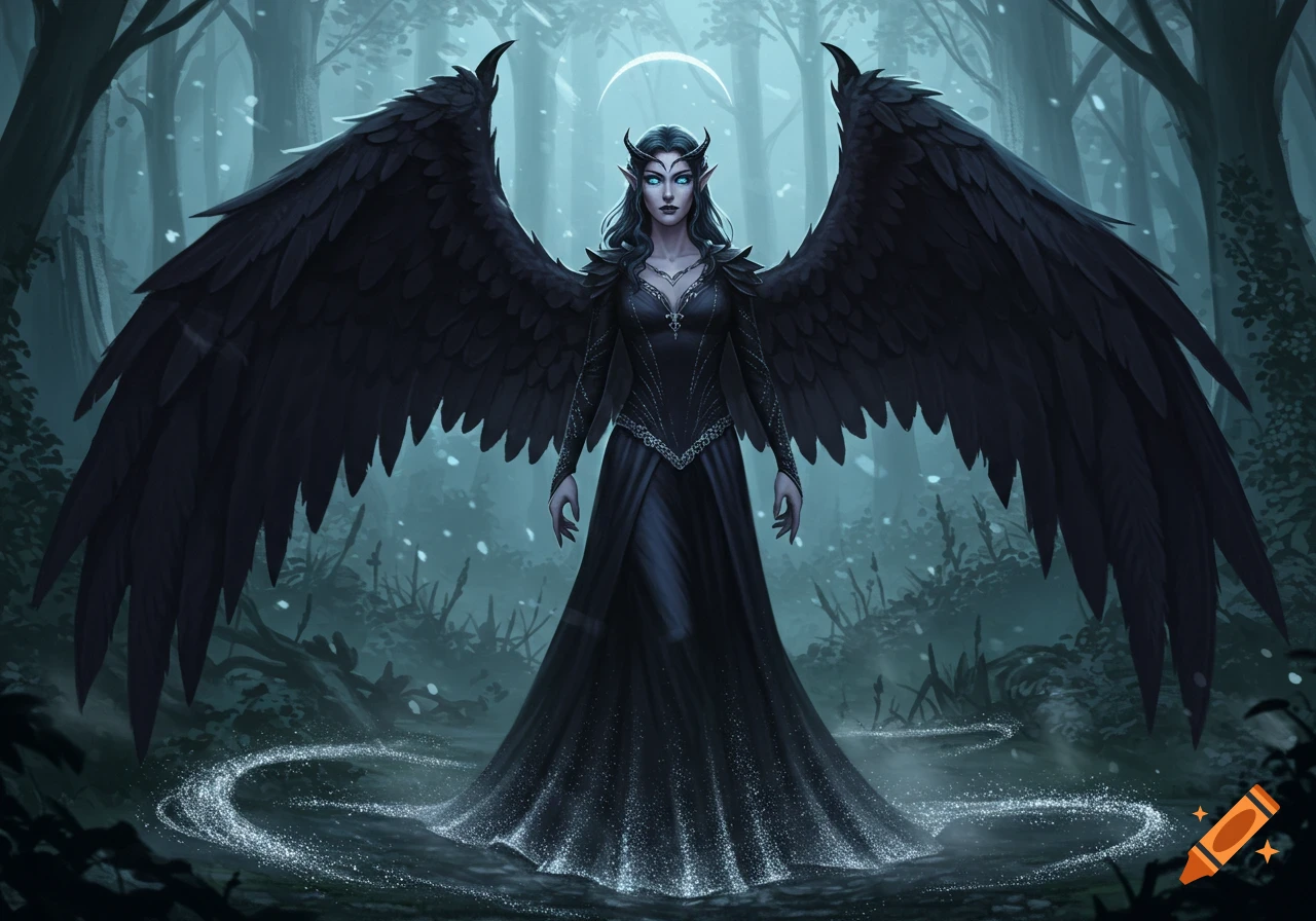 A fantasy woman with large black wings, horns, and glowing blue eyes stands in a dark, misty forest under a crescent moon, with sparkling trails around her feet.