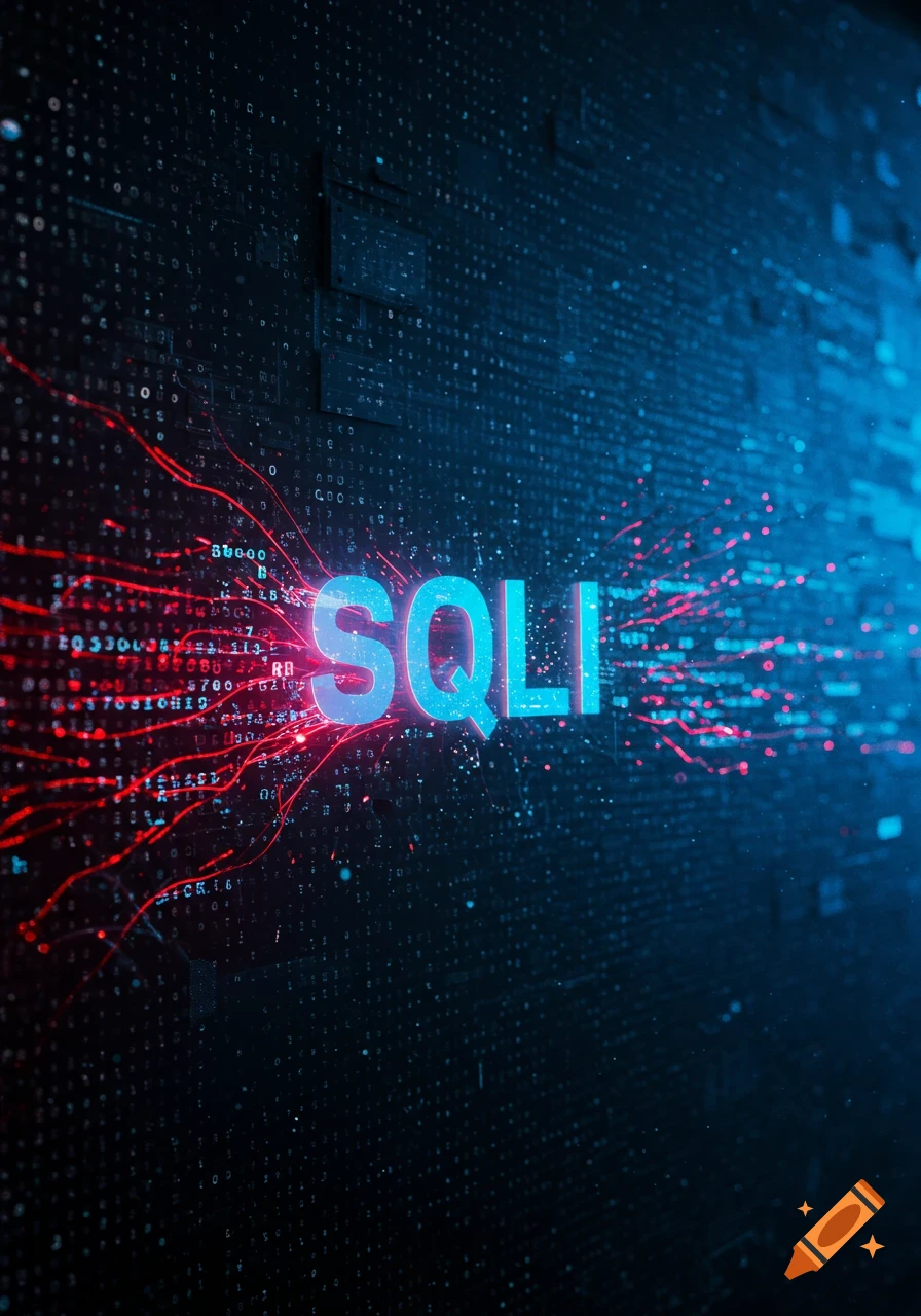 A stylized digital image featuring the light blue word "SQLI" against a dark background of blue glowing data streams and red, spark-like lines.