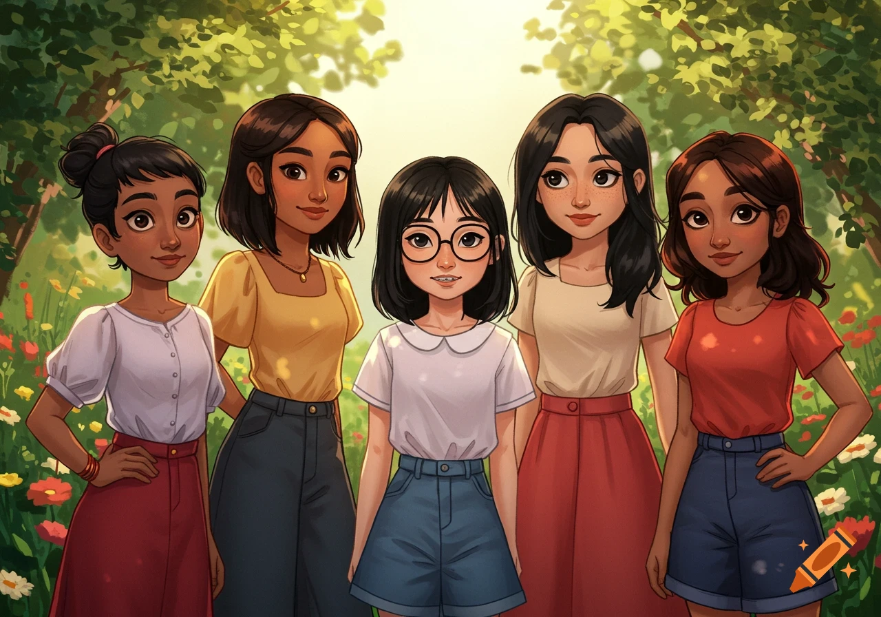 Five animated young girls with diverse appearances stand together in a vibrant green outdoor setting with trees and flowers.