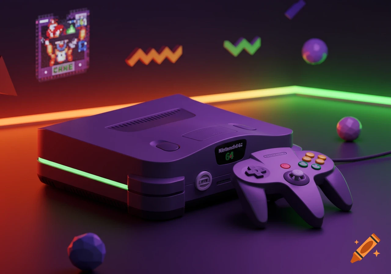 A purple Nintendo 64 console and controller sit on a dark surface, illuminated by glowing green and orange neon lights. Abstract geometric shapes float in the background.