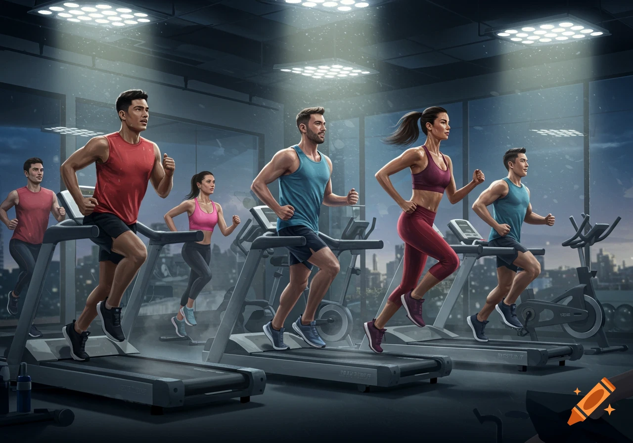 Several people run on treadmills in a modern gym with large windows overlooking a city skyline at dusk, in a photorealistic illustration.