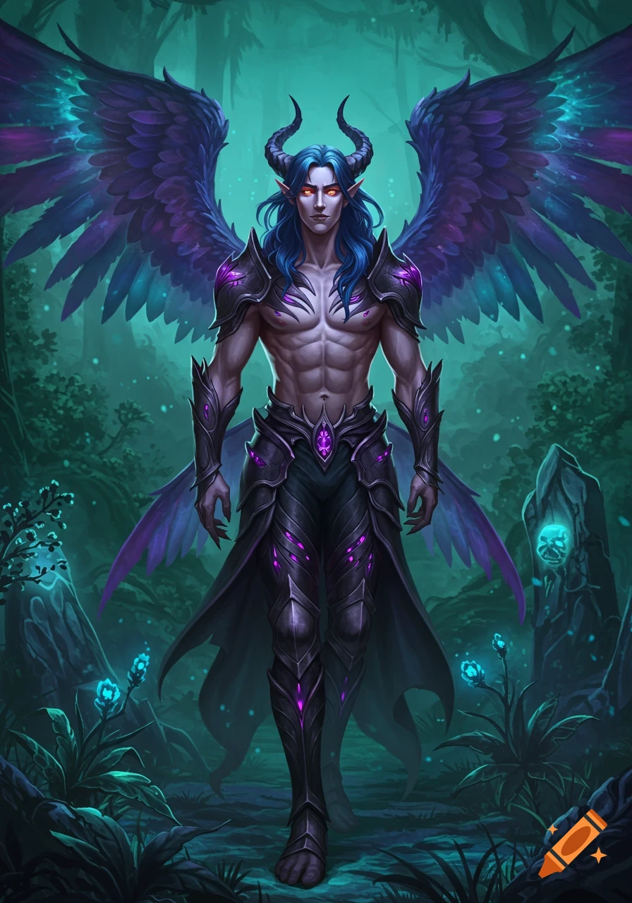 A tall, muscular fae king with horns, blue hair, glowing red eyes, and large purple wings stands in dark armor in a mystical twilight forest.