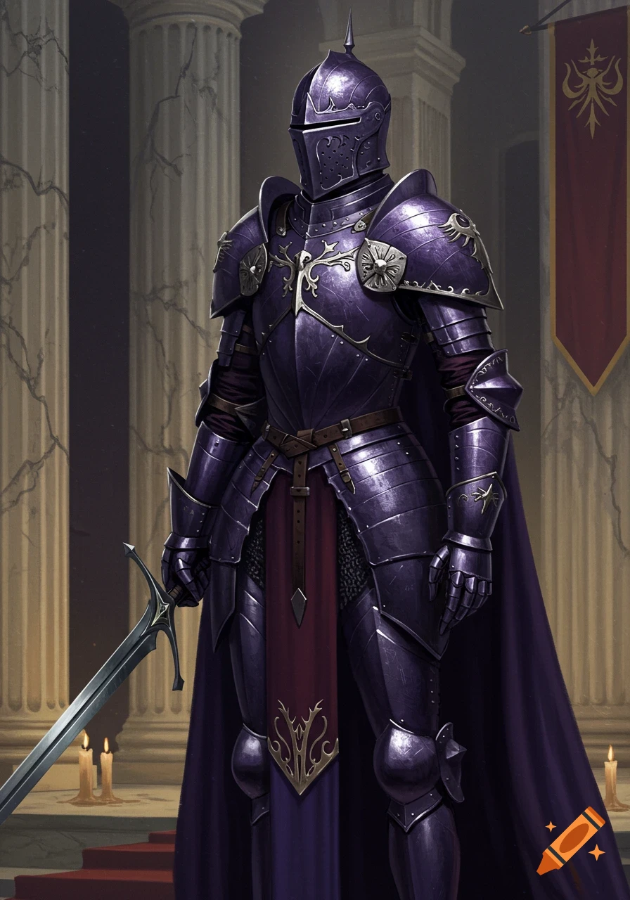 A knight in full purple armor with a sword stands in a grand hall with pillars.