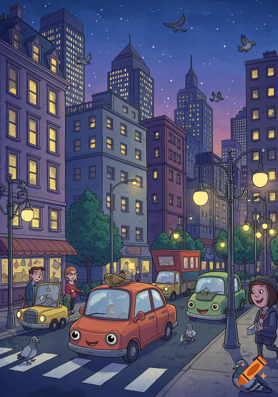 Vibrant cartoon cityscape at dusk, with buildings lit up, cars with faces on a street, people, and pigeons.
