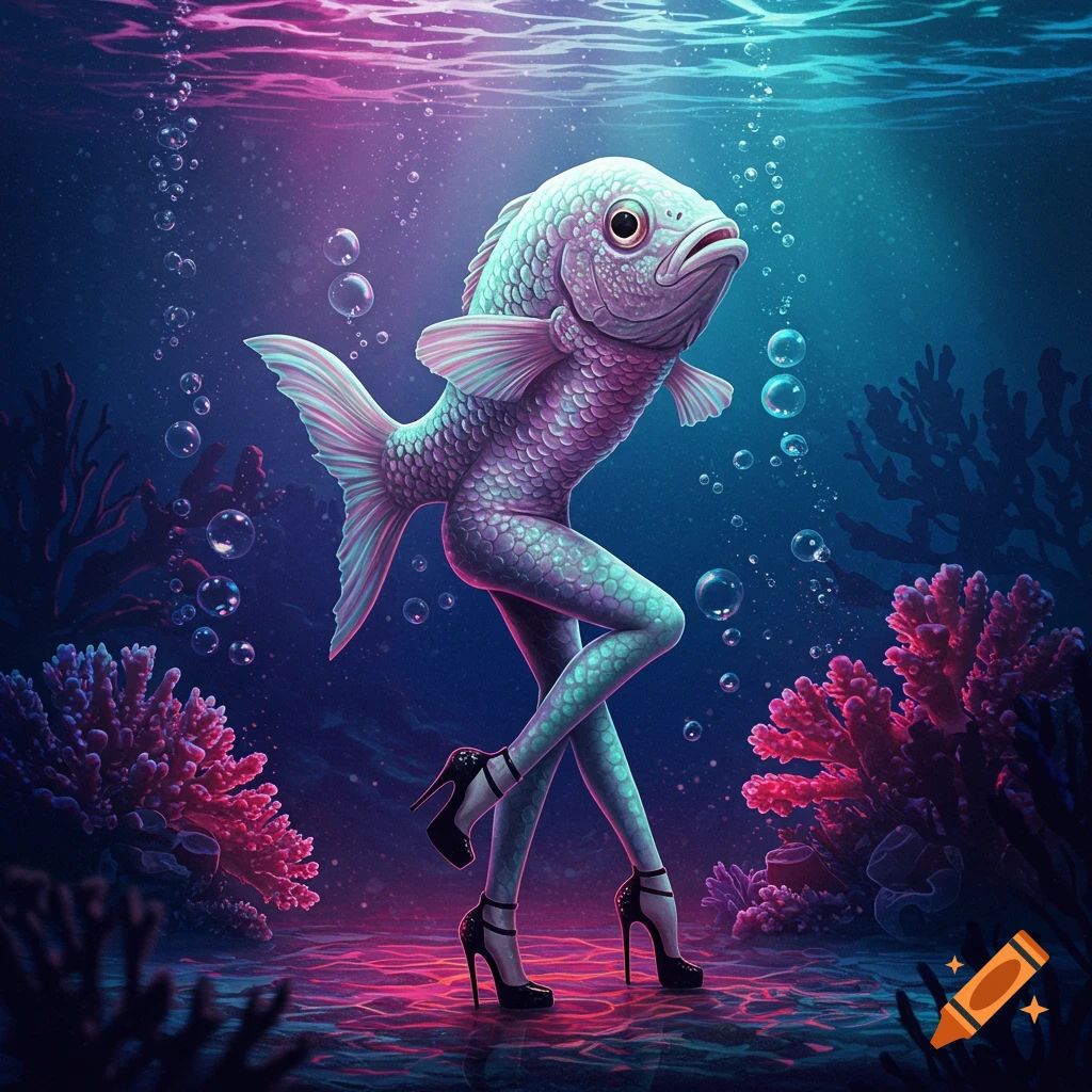 A colorful fish with human-like legs in high heels stands underwater among glowing coral and bubbles.