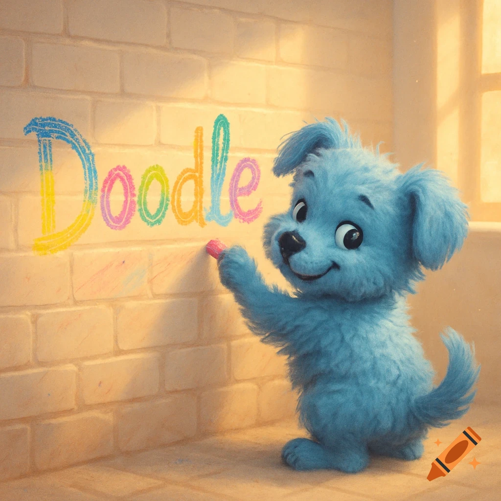 A cute fluffy blue dog draws the word "Doodle" with colorful chalk on a brick wall.