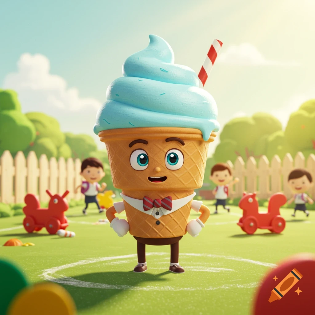 A cheerful 3D cartoon ice cream cone character dressed as a schoolboy with a bow tie, standing in a sunny playground with other children.