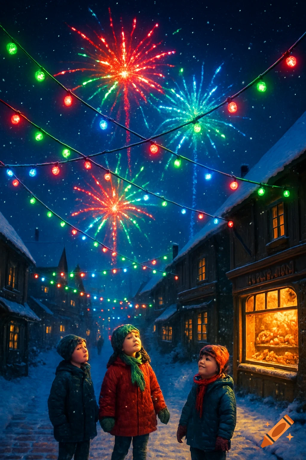 Three children in winter coats look up at colorful fireworks and festive string lights in a snowy village street at night.