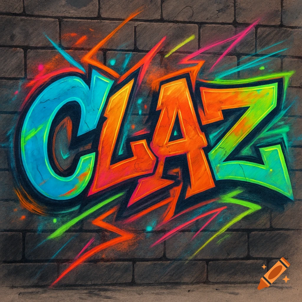 Colorful graffiti art spelling 'CLAZ' on a brick wall, with neon streaks.