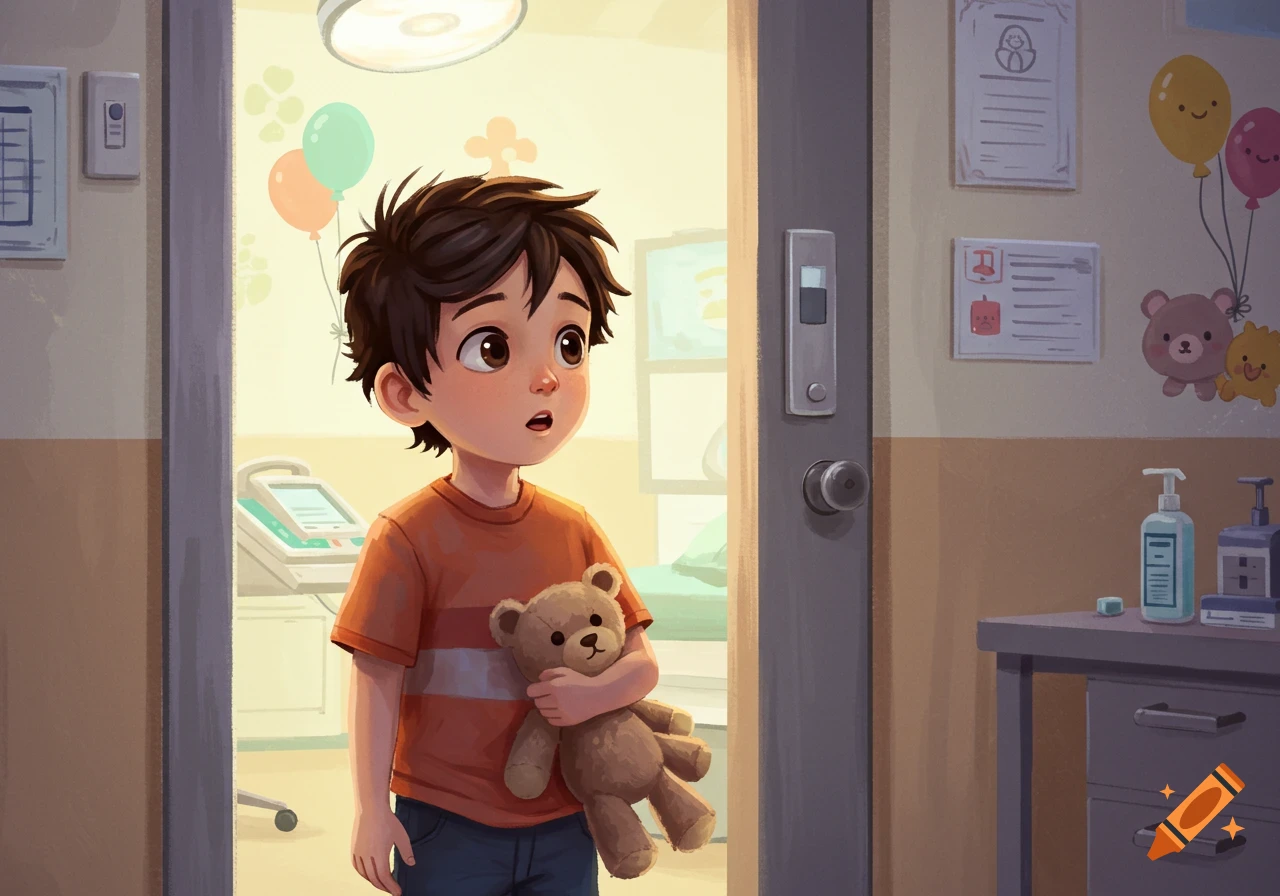 An illustrated boy with a teddy bear looks on in a hospital hallway with medical equipment and decorated walls.