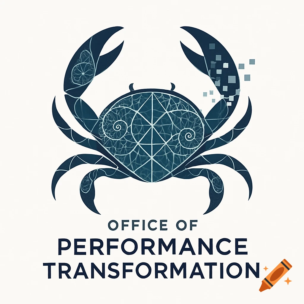 Dark blue corporate logo of a stylized crab with fractal patterns and digital pixels, above 'OFFICE OF PERFORMANCE TRANSFORMATION'.