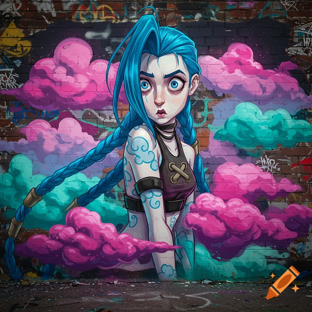 Jinx from Arcane, with blue braided hair and cloud tattoos, as a colorful graffiti mural on a brick wall, surrounded by pink and teal smoke.