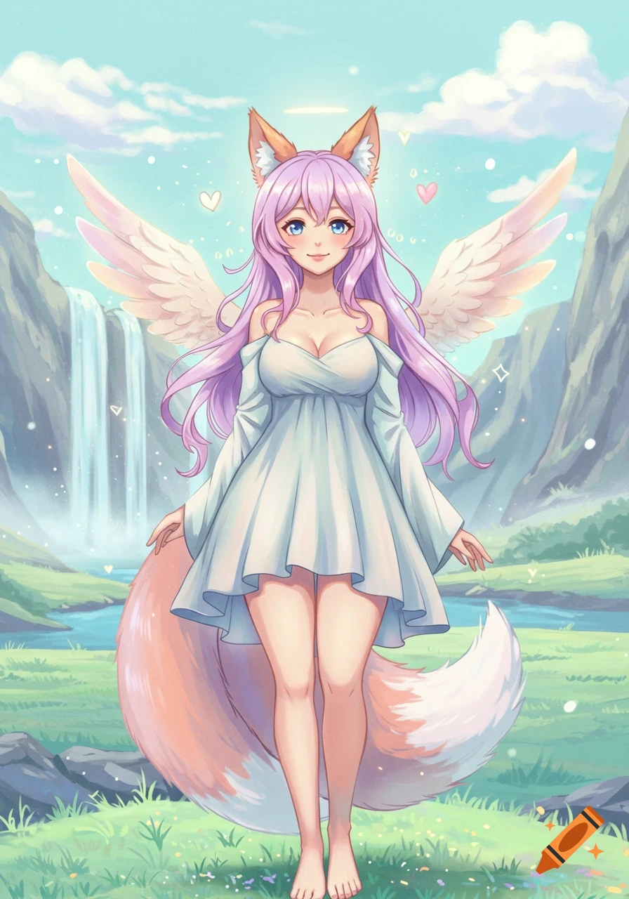 An anime girl with long purple hair, fox ears, large white wings, and a fluffy tail stands in a white flowing dress in a lush green valley with a waterfall.