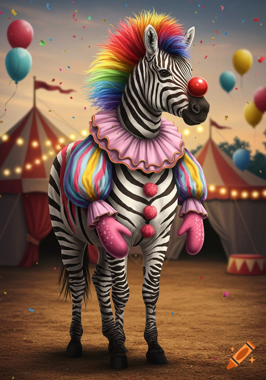 A zebra dressed as a clown with a rainbow mane, pink collar, colorful sleeves, pink gloves, and a red nose, in a circus setting.