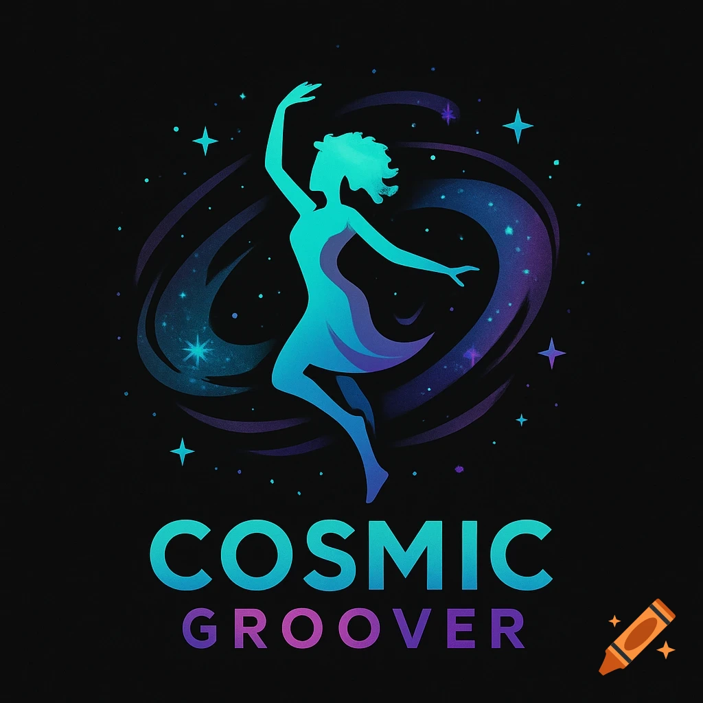 A vibrant logo featuring a dancing female silhouette in teal and purple against a cosmic background, with the text 'COSMIC GROOVER'.