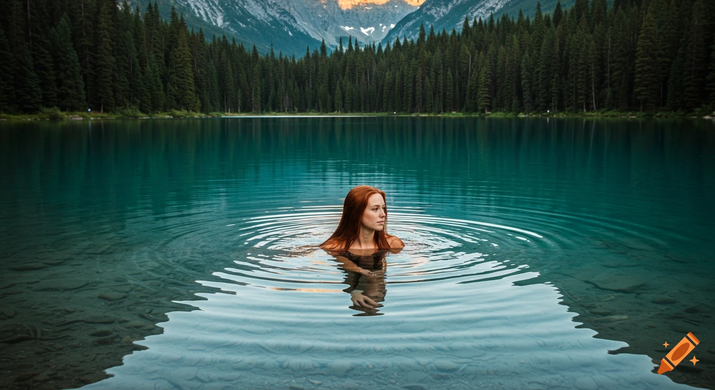 A woman with long red hair swimming in a clear teal mountain lake surrounded by pine trees and mountains.