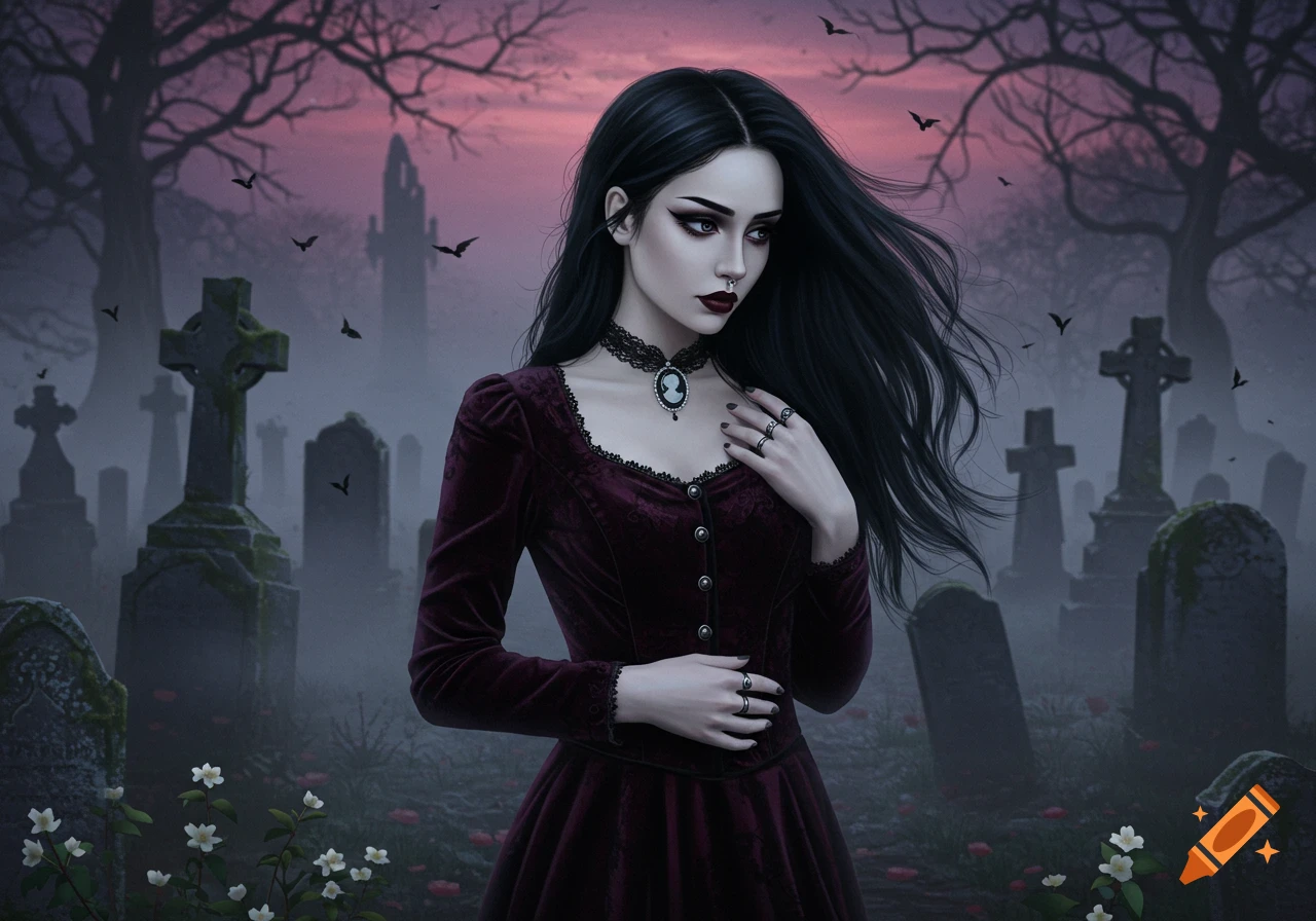 A gothic woman with long black hair and a dark red dress stands in a misty graveyard with gravestones and bats flying against a twilight sky.