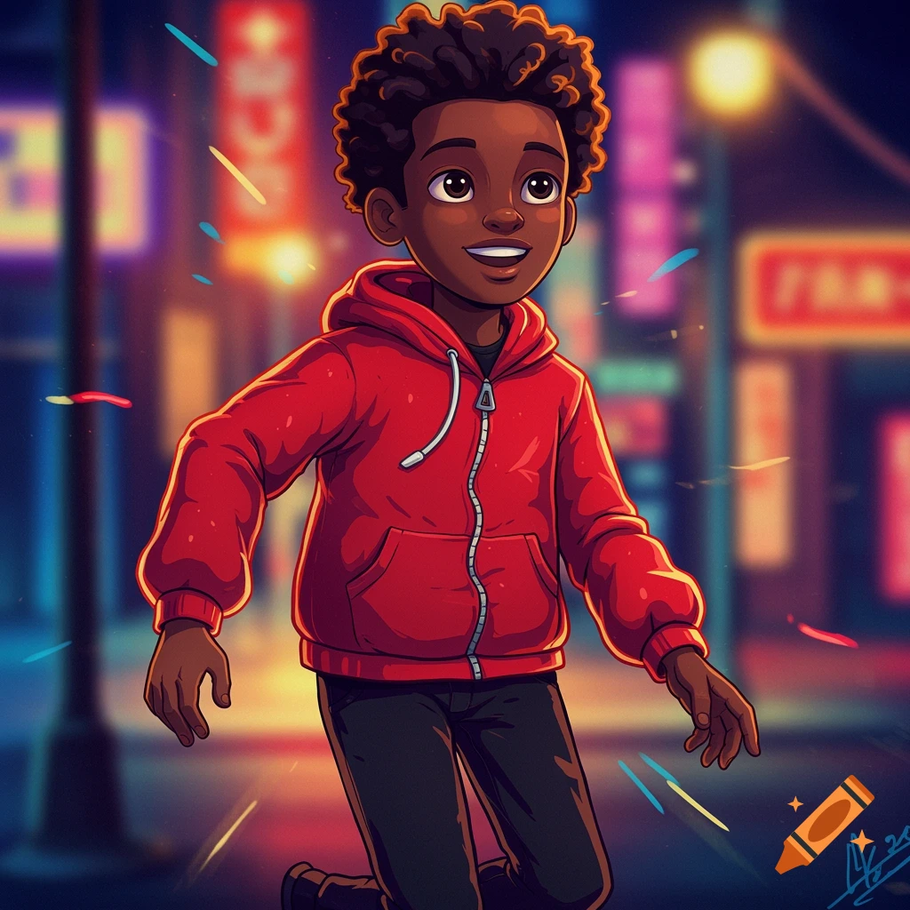 A cartoon boy with curly hair wearing a red hoodie and black pants stands on a vibrant, neon-lit city street at night.