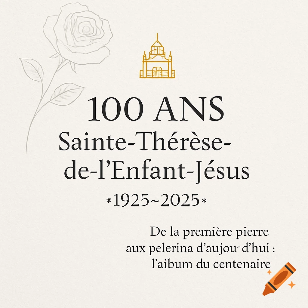 A centenary poster for Sainte-Th It's a clean, text-based design on a textured white background with a faint rose illustration and a gold church icon.