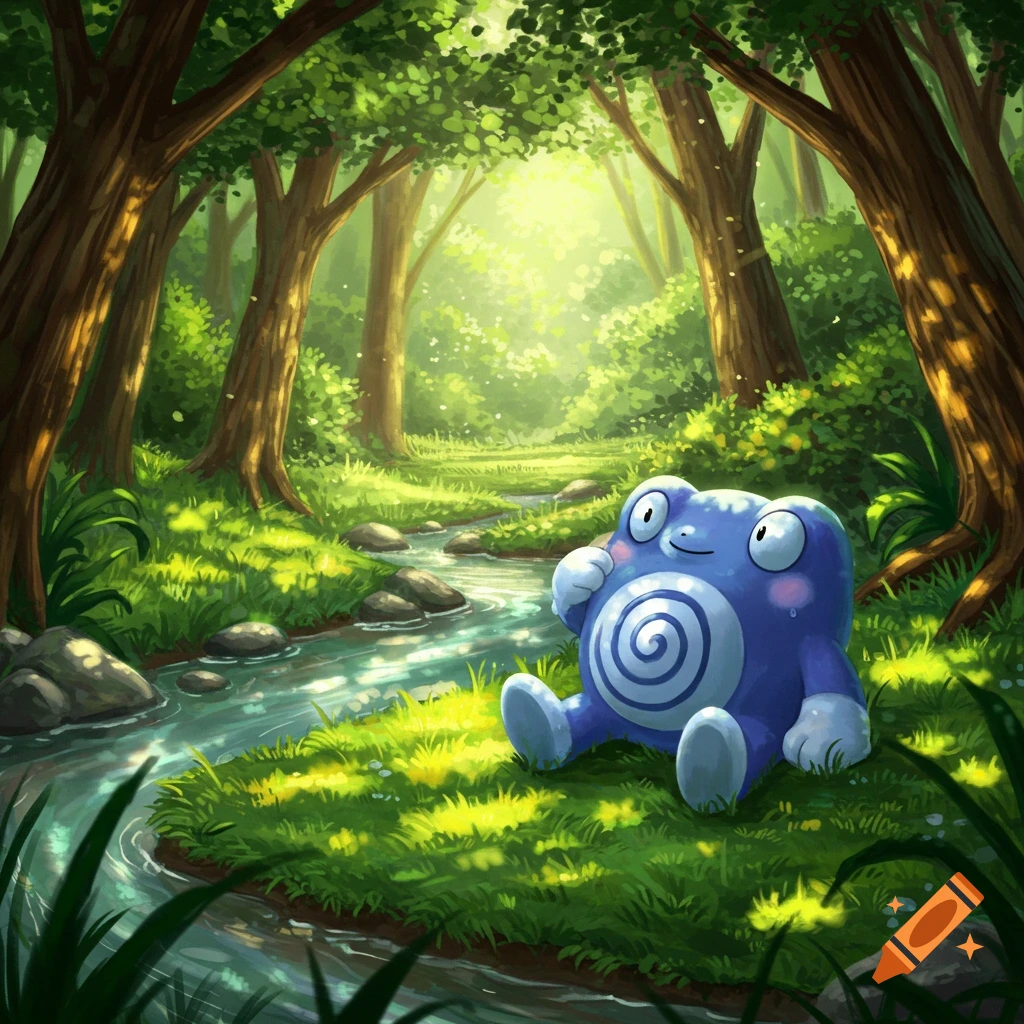 A blue Poliwhirl sits by a sunlit forest river.