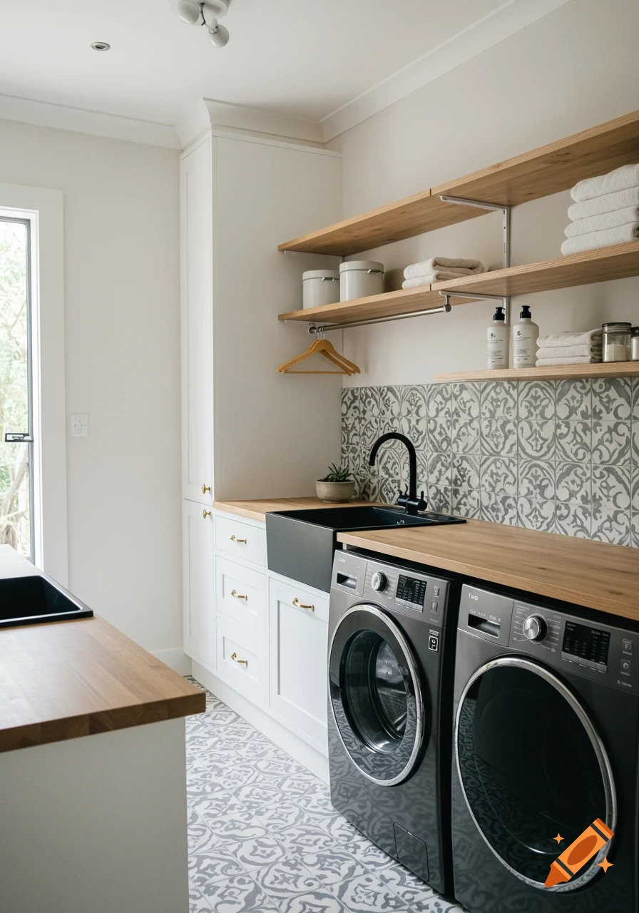 A modern laundry room with white cabinets, wooden countertops, black sink,  black faucet, two washing machines, and patterned floor tiles. on Craiyon, image size:896x1280