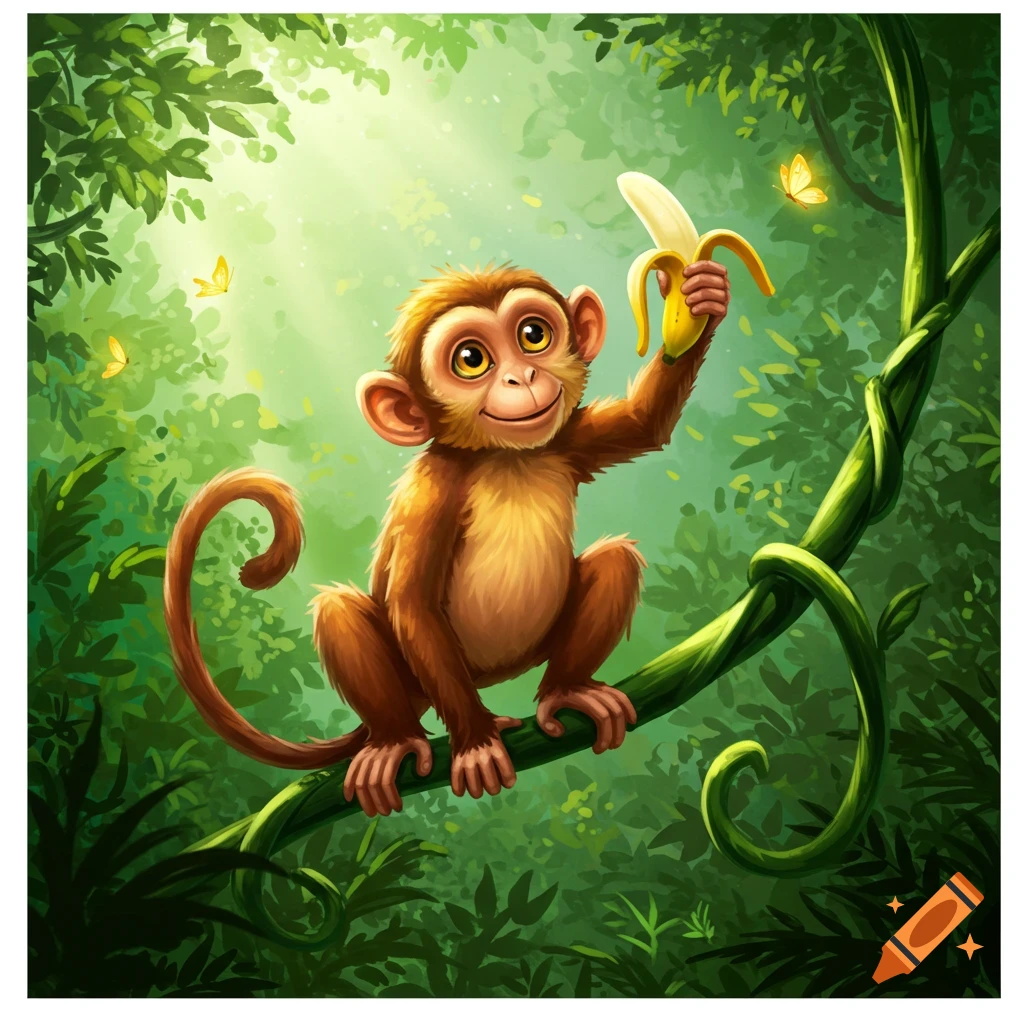 A happy cartoon monkey holds a peeled banana while sitting on a vine in a sunny jungle with butterflies.