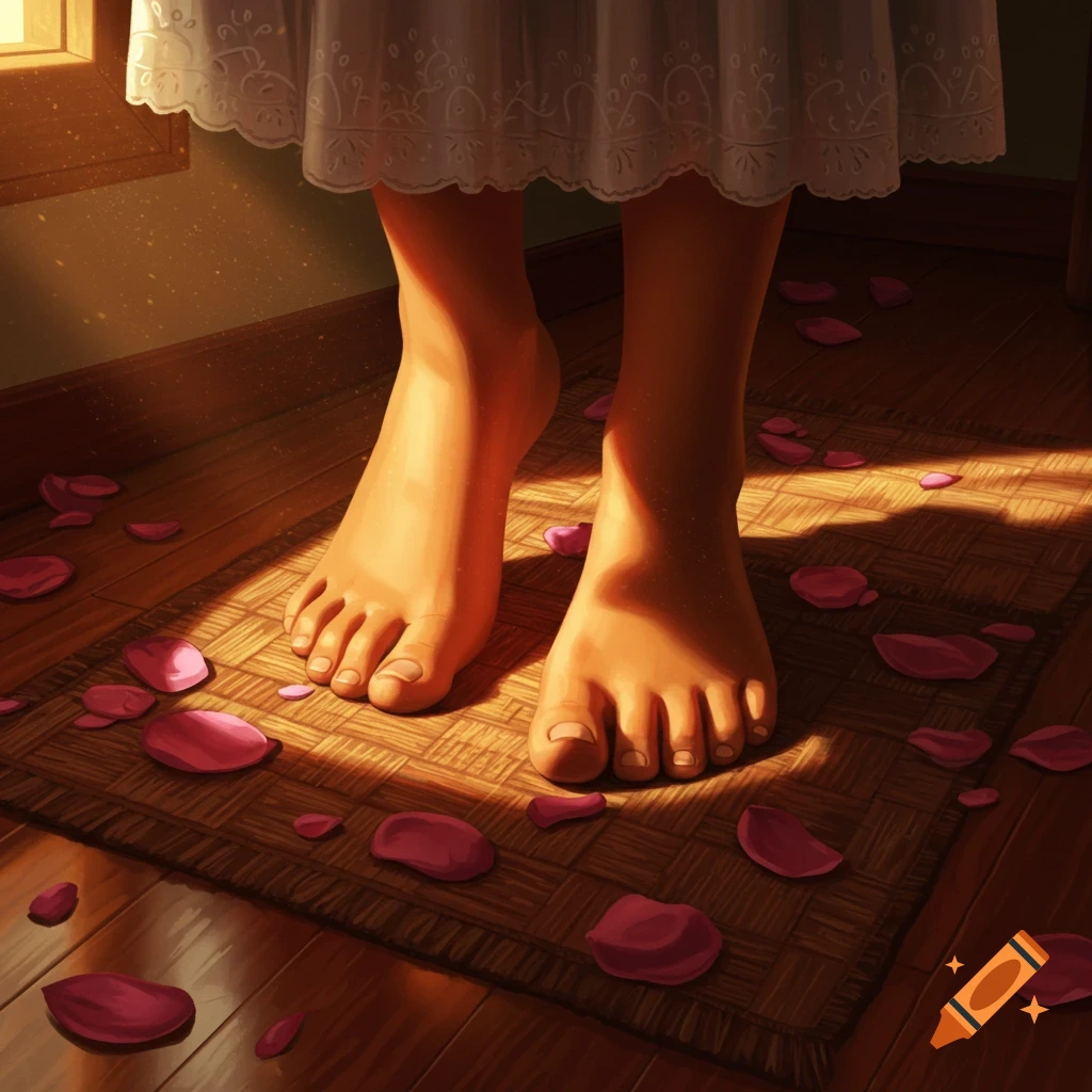 Bare feet standing on a woven mat with pink rose petals scattered around, bathed in warm sunlight.