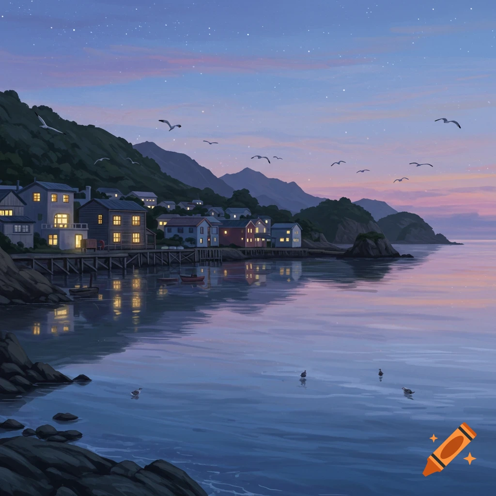 An illustration of a serene coastal village nestled against a mountain, with lights glowing from houses along a pier, reflected in the calm water at dusk under a starry sky. Seagulls fly above and birds float on the water.