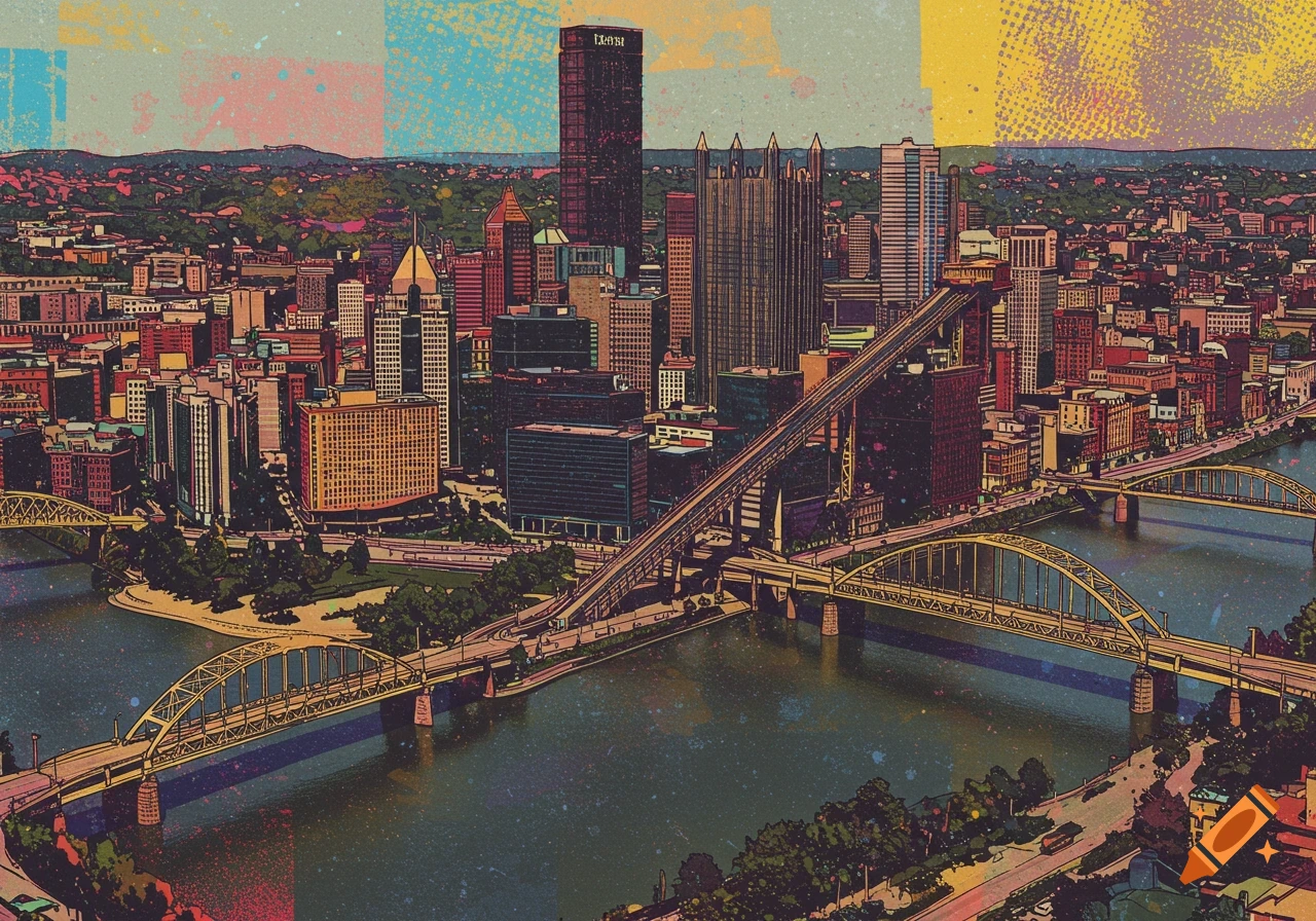 A vibrant, colorful pop art illustration of the Pittsburgh skyline with rivers and bridges under a textured sky.