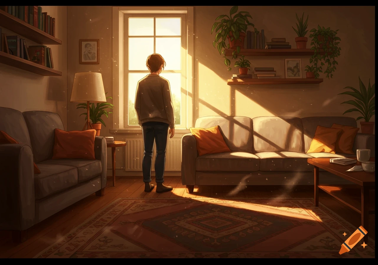 An anime-style illustration of a person standing by a sunny window in a cozy living room with plants and couches.