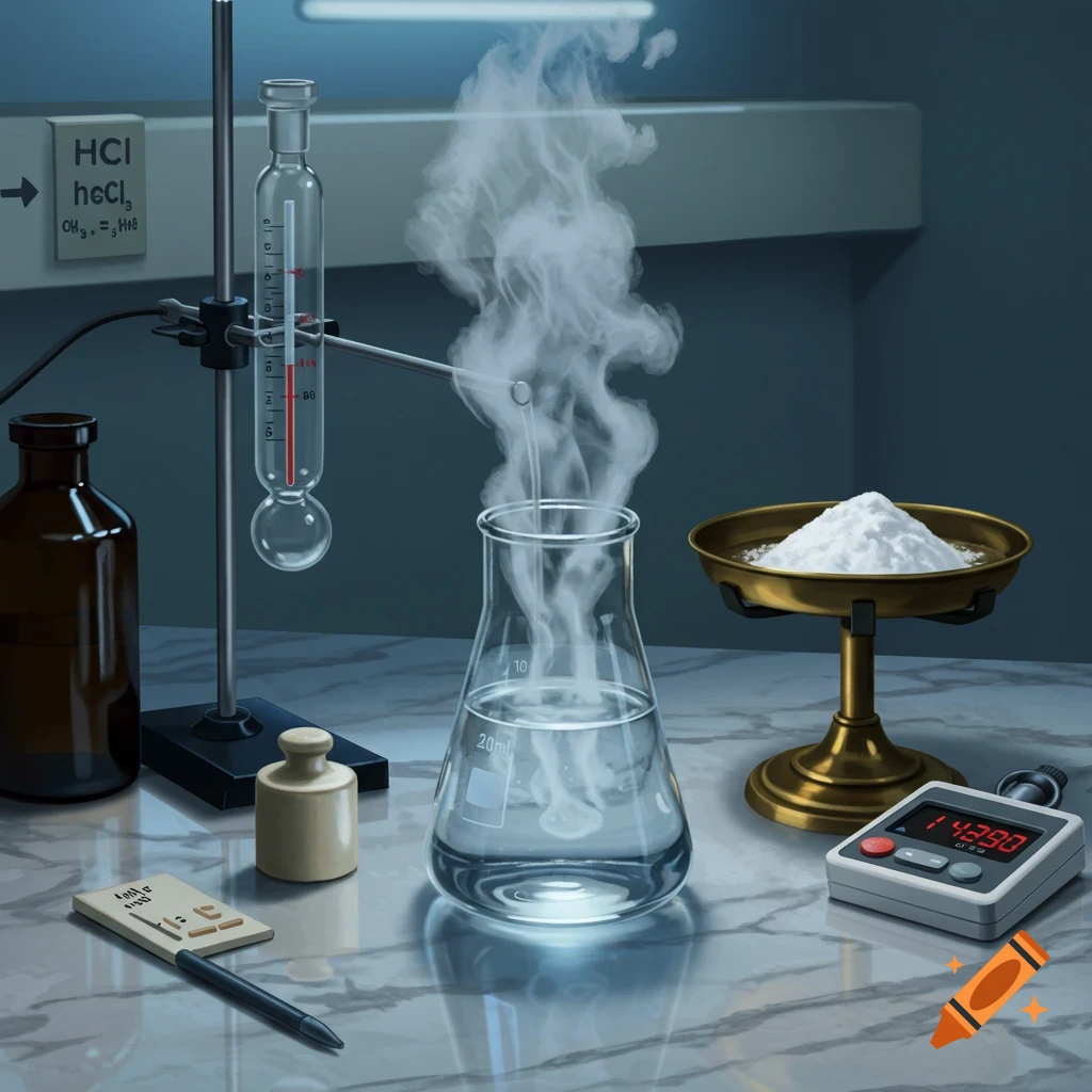 A detailed photorealistic depiction of a chemistry lab experiment in progress, with a flask emitting smoke, various lab equipment, and scientific measurements.