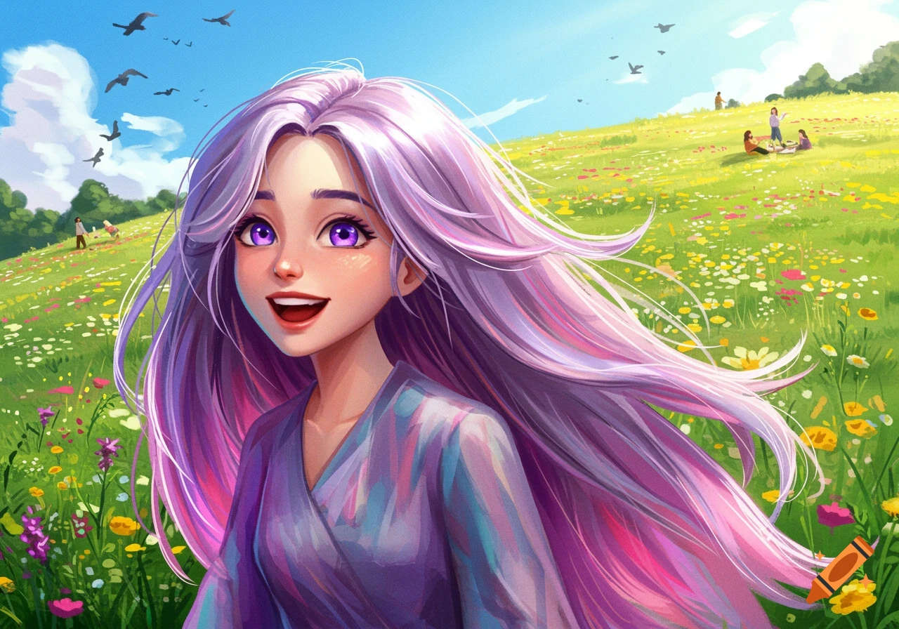 A cheerful anime girl with long flowing purple hair and vibrant purple eyes smiles in a sunny, flower-filled meadow.