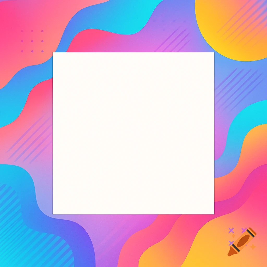 A square template with a blank white center against a vibrant, wavy abstract background of pink, blue, purple, orange, and yellow gradients.