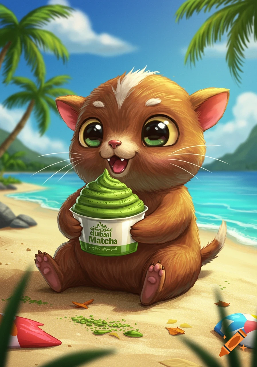A cute, fluffy brown creature with big eyes sits on a sandy beach, holding a cup of green matcha ice cream, in a bright cartoon style.